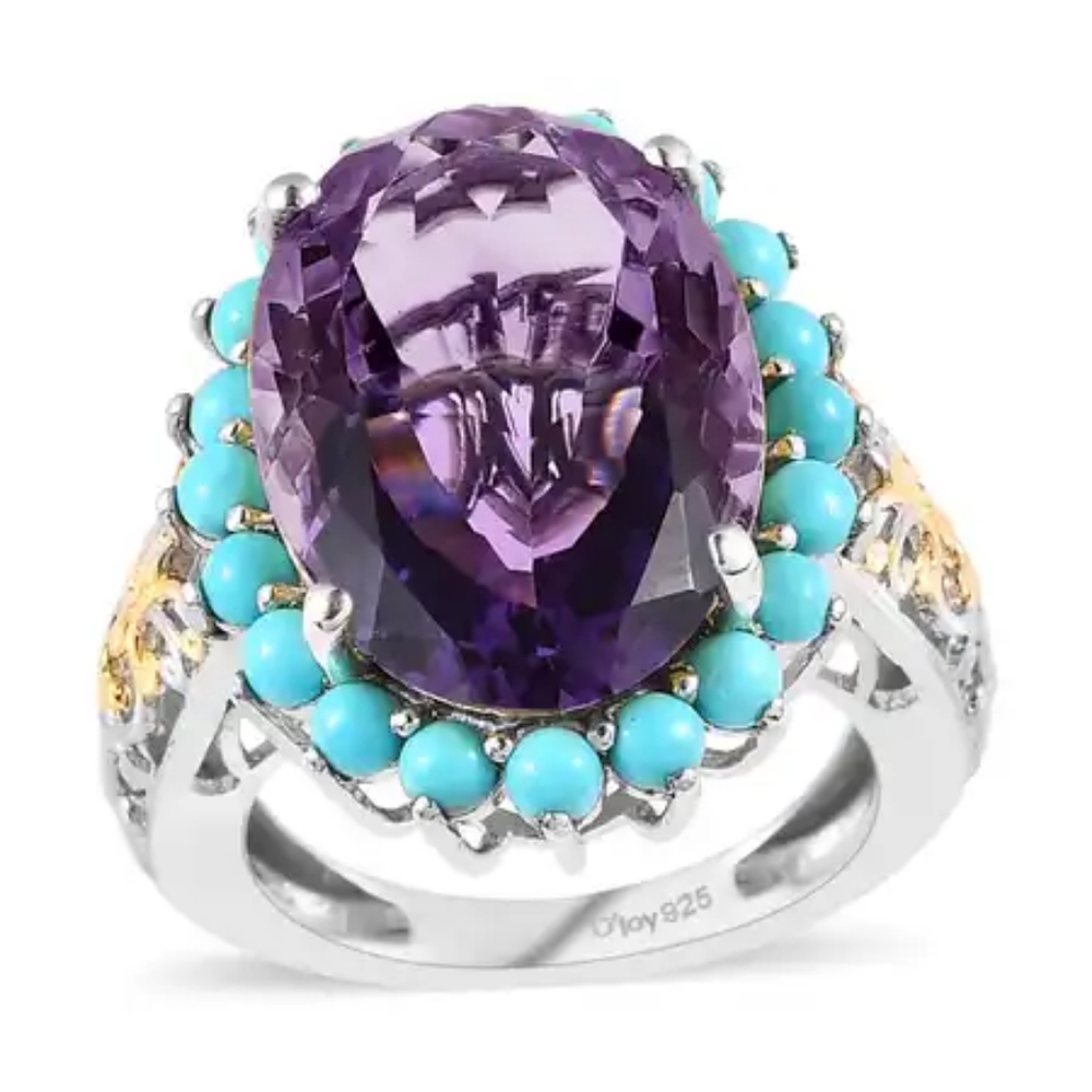 African Amethyst & Sleeping Beauty Turquoise Halo Ring Vermeil YG & Plat. O/SS